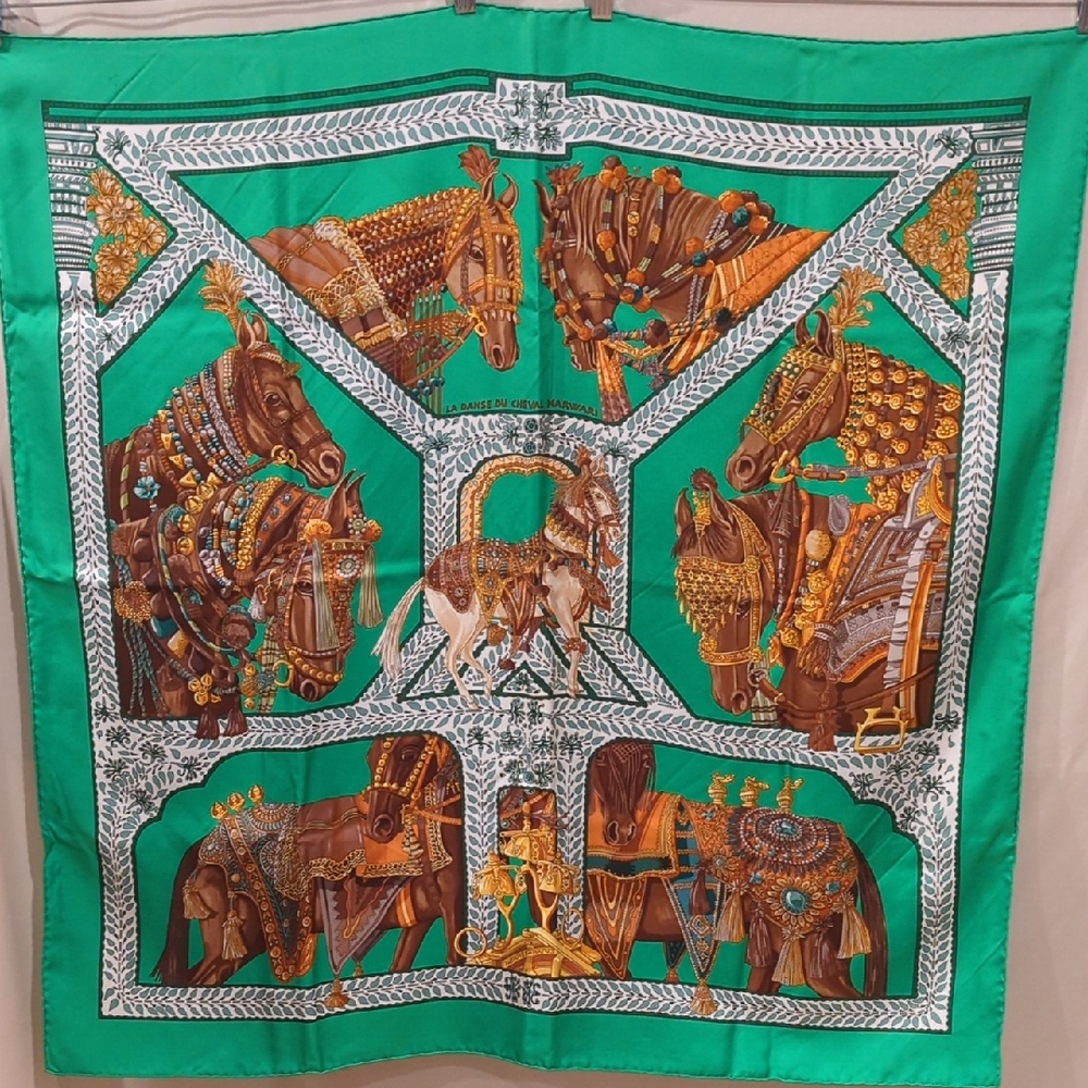 Hermes Green and Brown Equestrian Scarf